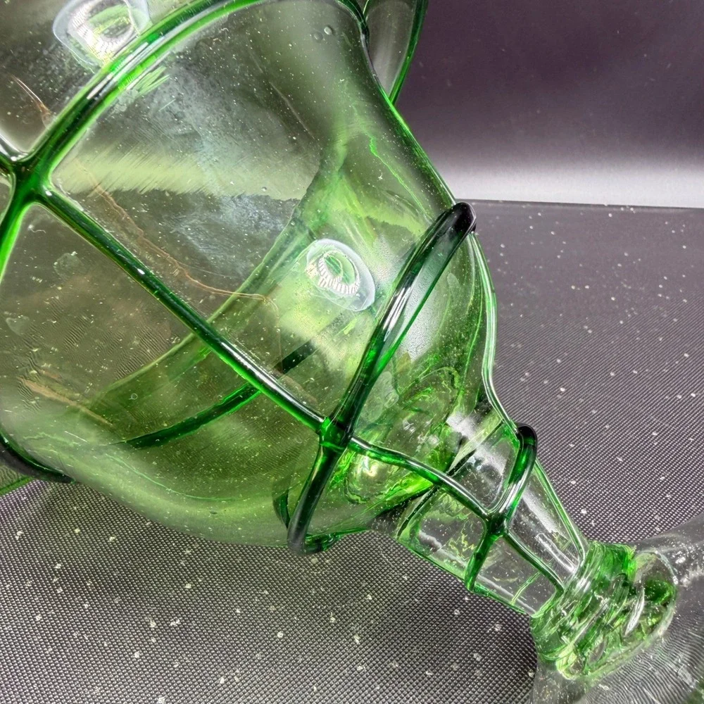 Aromatique Green Swirl Glass Bowl Mouth Blown 6x8 Made in USA Footed Centerpiece